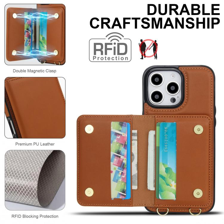 For iPhone 14 Pro Max Crossbody Dual-buckle Wallet RFID Back Leather Phone Case