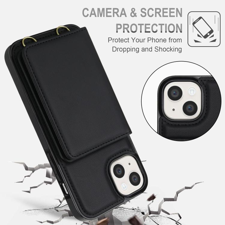 For iPhone 15 Crossbody Dual-buckle Wallet RFID Back Leather Phone Case