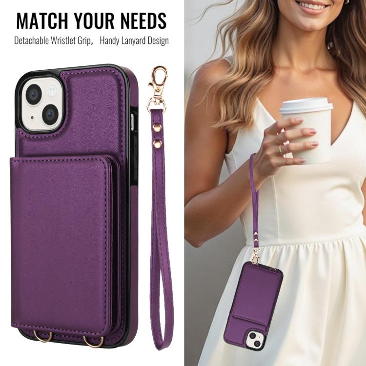 For iPhone 15 Crossbody Dual-buckle Wallet RFID Back Leather Phone Case