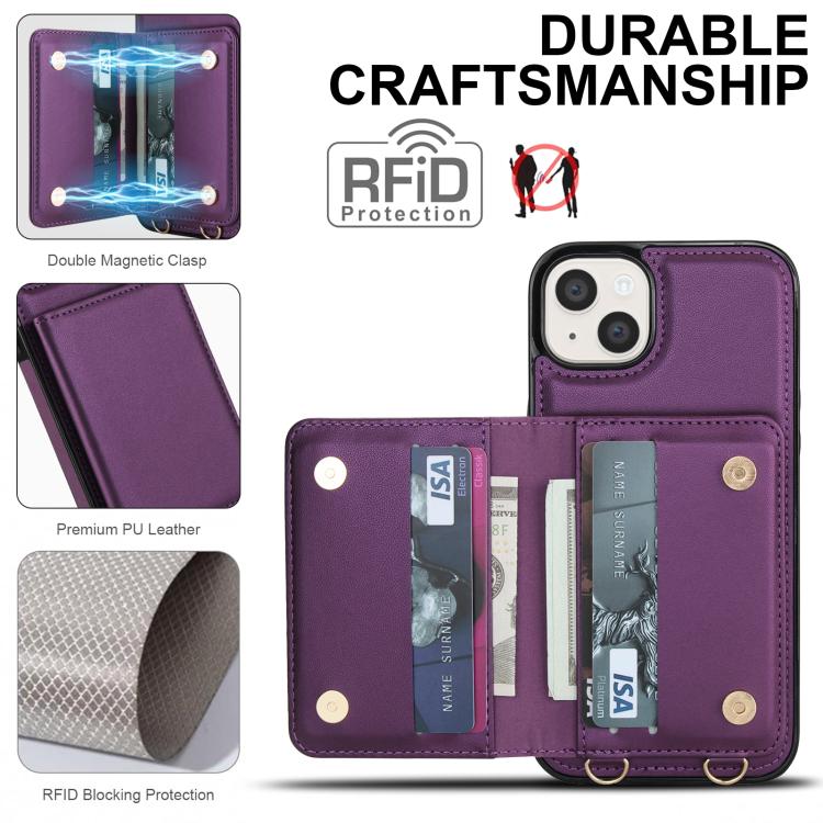 For iPhone 15 Crossbody Dual-buckle Wallet RFID Back Leather Phone Case
