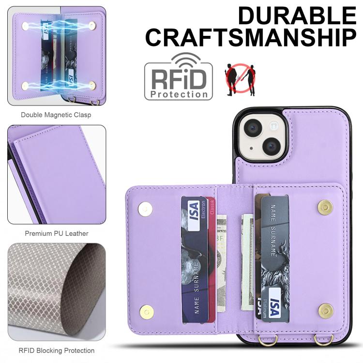 For iPhone 15 Crossbody Dual-buckle Wallet RFID Back Leather Phone Case