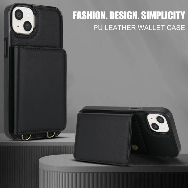 For iPhone 15 Plus Crossbody Dual-buckle Wallet RFID Back Leather Phone Case