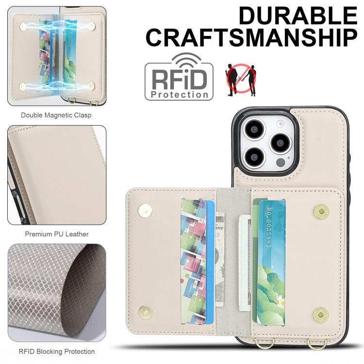 For iPhone 15 Pro Crossbody Dual-buckle Wallet RFID Back Leather Phone Case