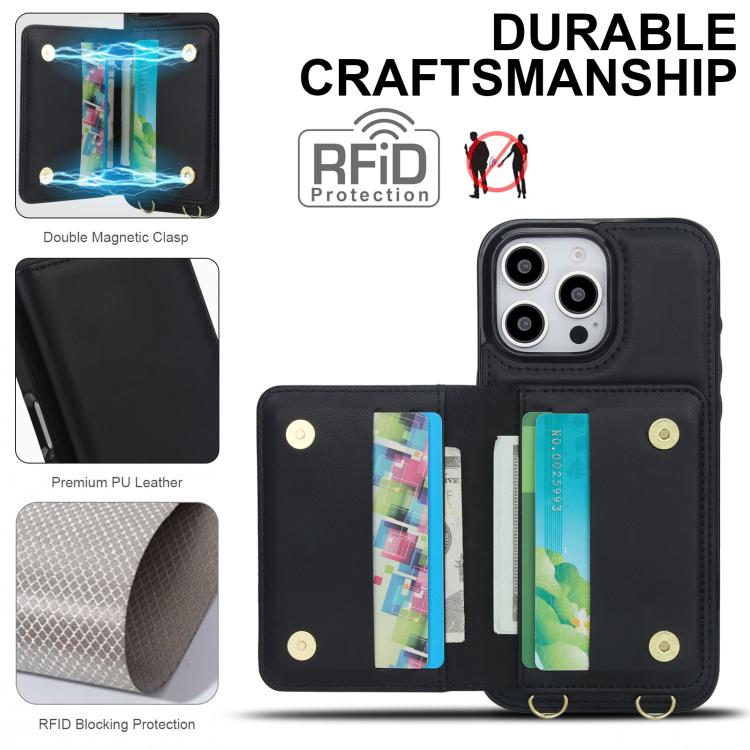 For iPhone 15 Pro Crossbody Dual-buckle Wallet RFID Back Leather Phone Case