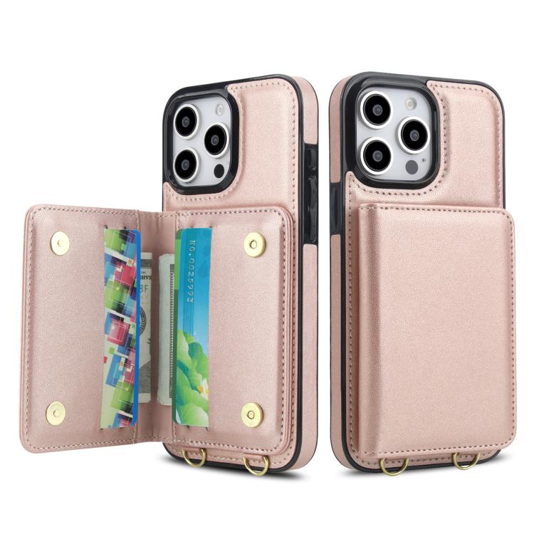 For iPhone 15 Pro Crossbody Dual-buckle Wallet RFID Back Leather Phone Case