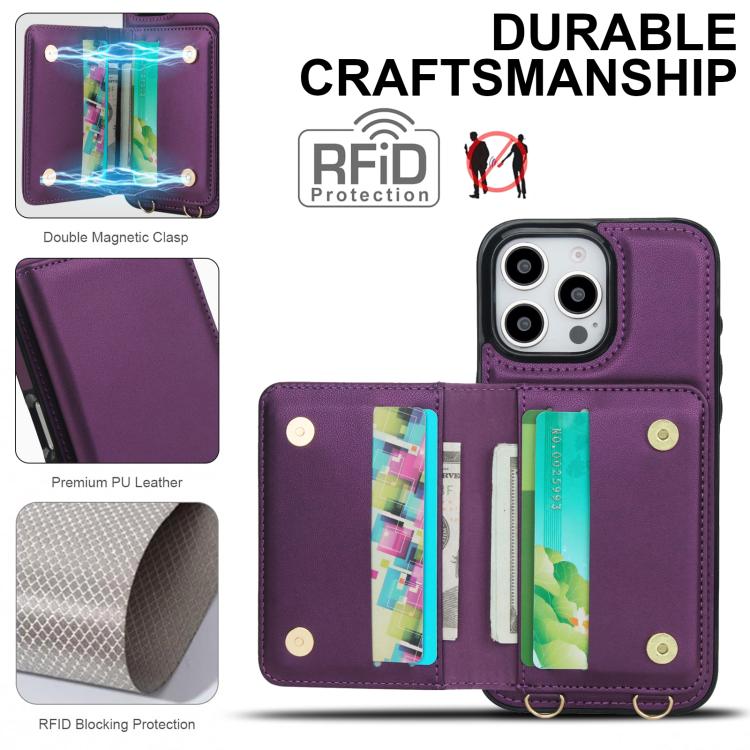 For iPhone 15 Pro Max Crossbody Dual-buckle Wallet RFID Back Leather Phone Case