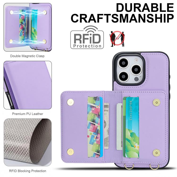 For iPhone 15 Pro Max Crossbody Dual-buckle Wallet RFID Back Leather Phone Case