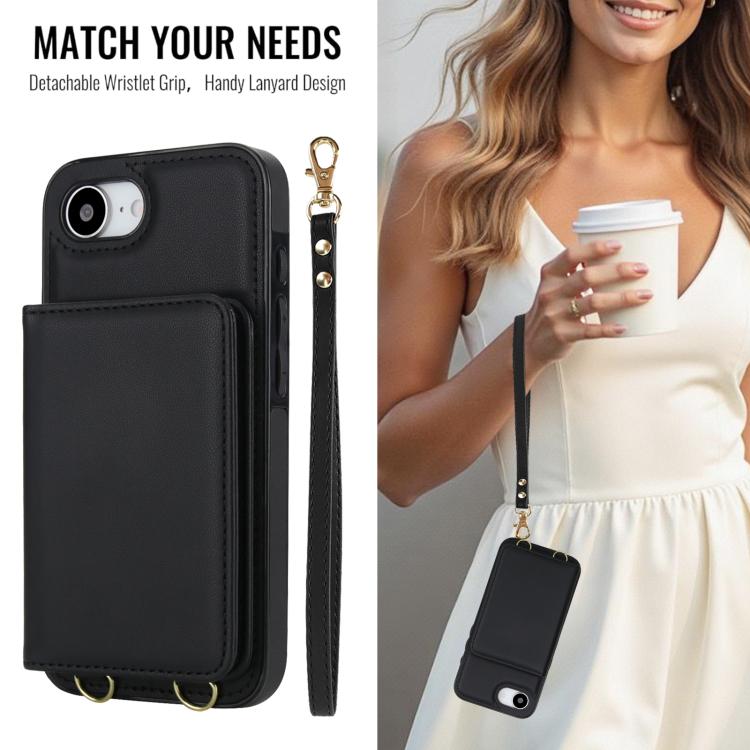For iPhone 17e / 16e Crossbody Dual-buckle Wallet RFID Back Leather Phone Case