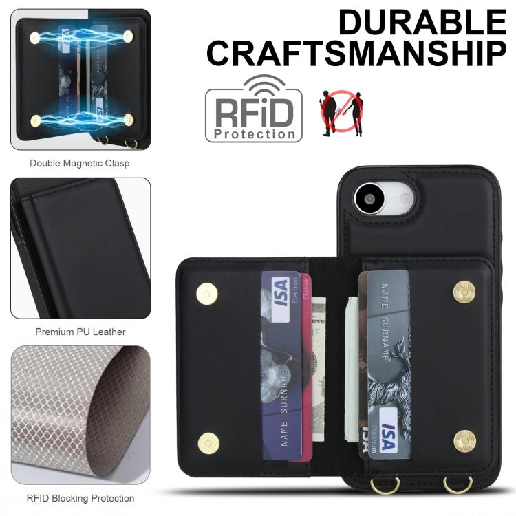 For iPhone 17e / 16e Crossbody Dual-buckle Wallet RFID Back Leather Phone Case
