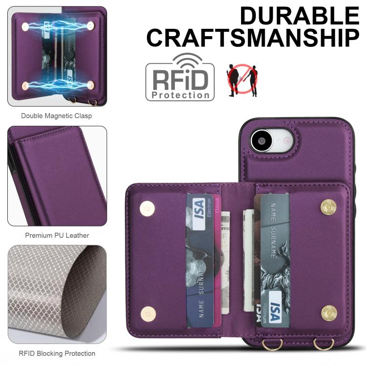 For iPhone 17e / 16e Crossbody Dual-buckle Wallet RFID Back Leather Phone Case