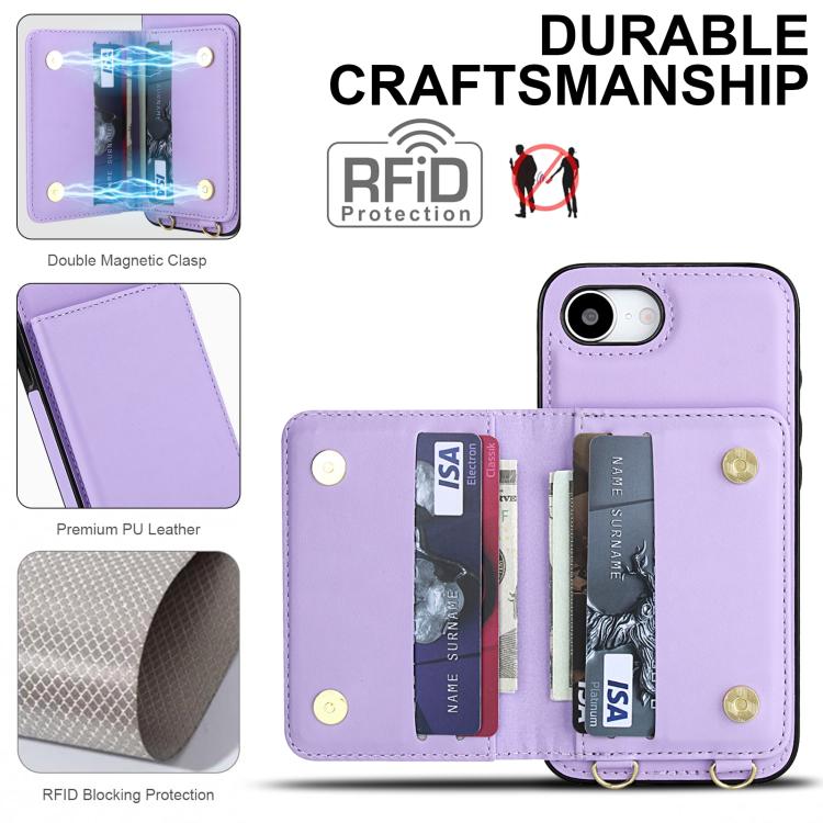 For iPhone 17e / 16e Crossbody Dual-buckle Wallet RFID Back Leather Phone Case