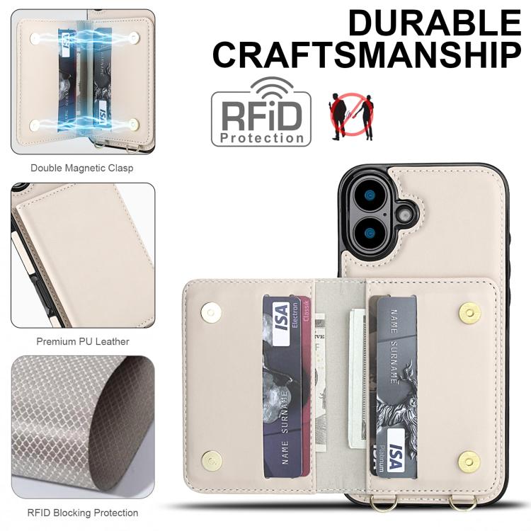 For iPhone 16 Crossbody Dual-buckle Wallet RFID Back Leather Phone Case