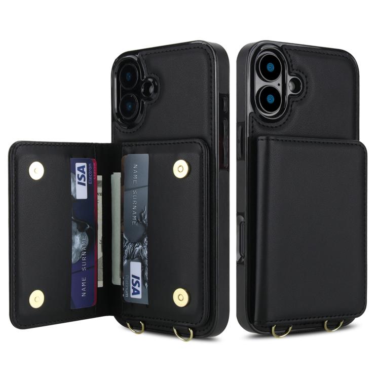 For iPhone 16 Crossbody Dual-buckle Wallet RFID Back Leather Phone Case