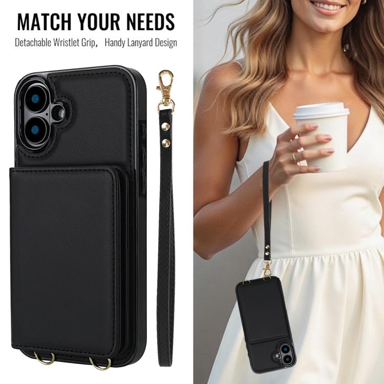 For iPhone 16 Crossbody Dual-buckle Wallet RFID Back Leather Phone Case