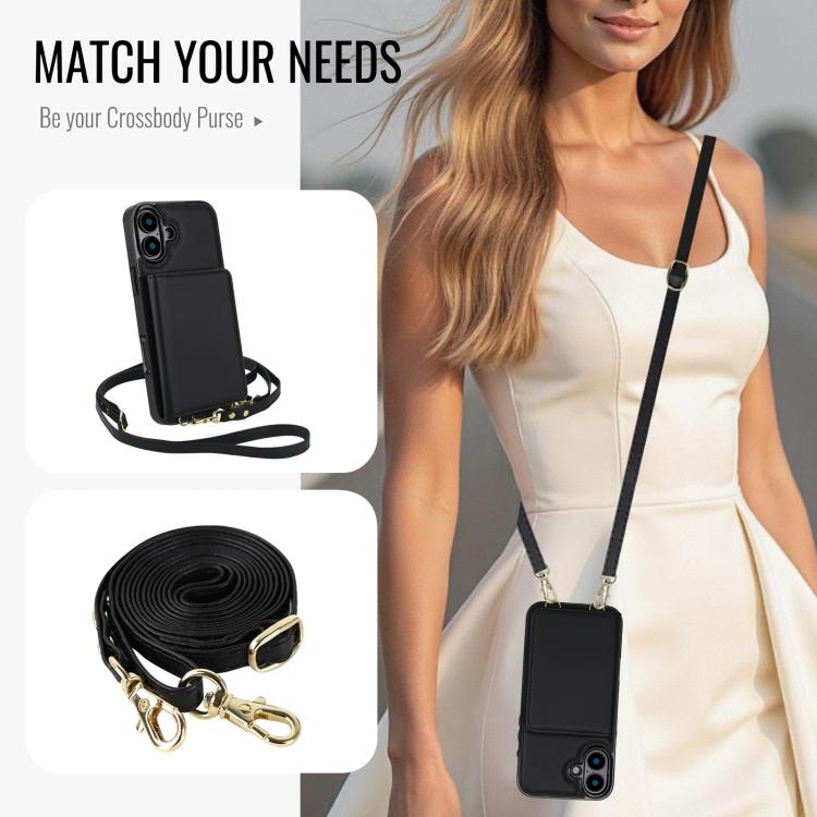 For iPhone 16 Crossbody Dual-buckle Wallet RFID Back Leather Phone Case