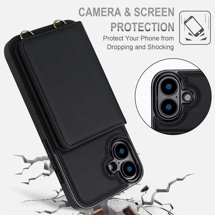 For iPhone 16 Crossbody Dual-buckle Wallet RFID Back Leather Phone Case