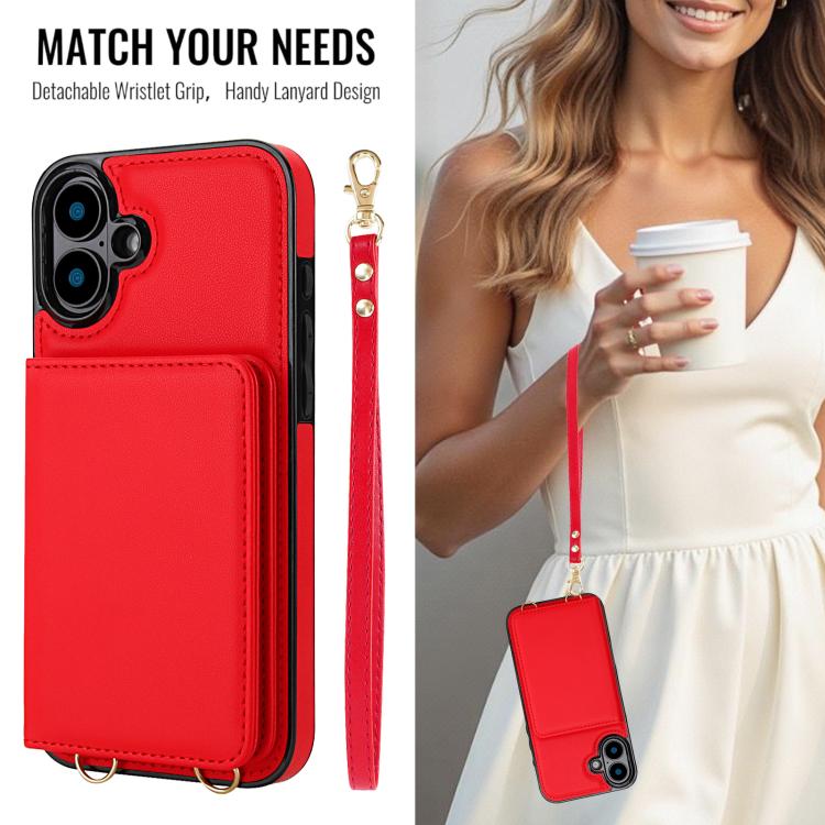 For iPhone 16 Crossbody Dual-buckle Wallet RFID Back Leather Phone Case