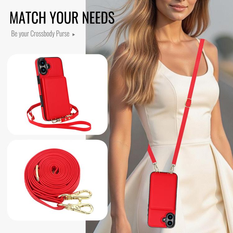 For iPhone 16 Crossbody Dual-buckle Wallet RFID Back Leather Phone Case