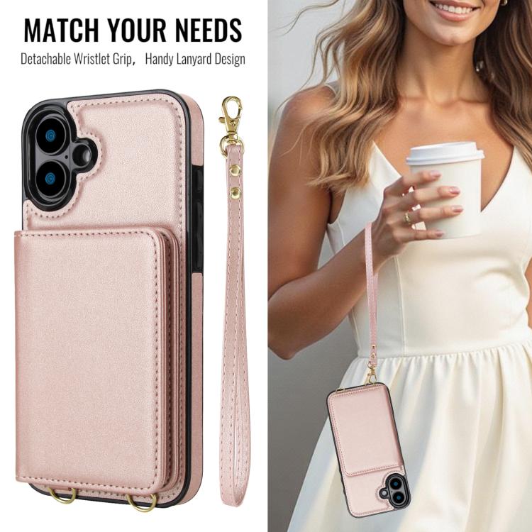 For iPhone 16 Crossbody Dual-buckle Wallet RFID Back Leather Phone Case