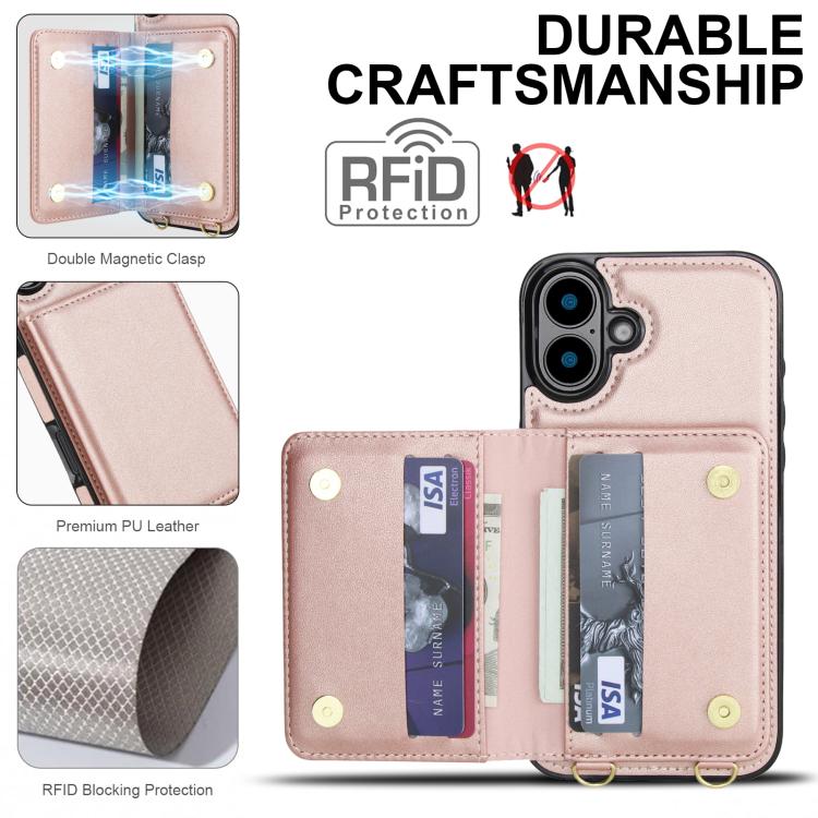 For iPhone 16 Crossbody Dual-buckle Wallet RFID Back Leather Phone Case