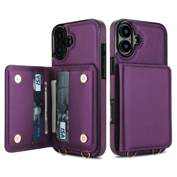 For iPhone 16 Crossbody Dual-buckle Wallet RFID Back Leather Phone Case