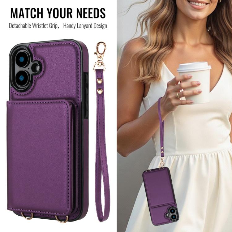 For iPhone 16 Crossbody Dual-buckle Wallet RFID Back Leather Phone Case