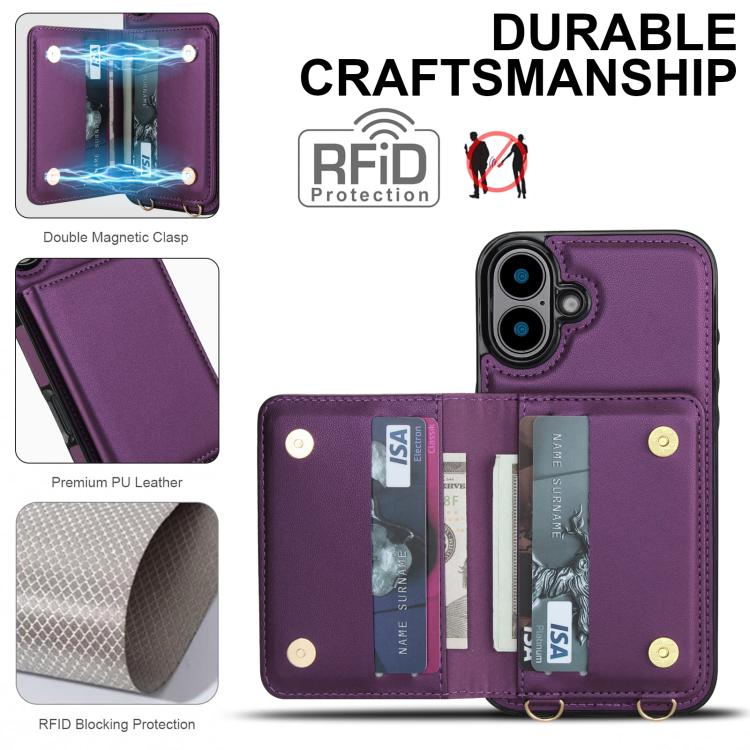 For iPhone 16 Crossbody Dual-buckle Wallet RFID Back Leather Phone Case