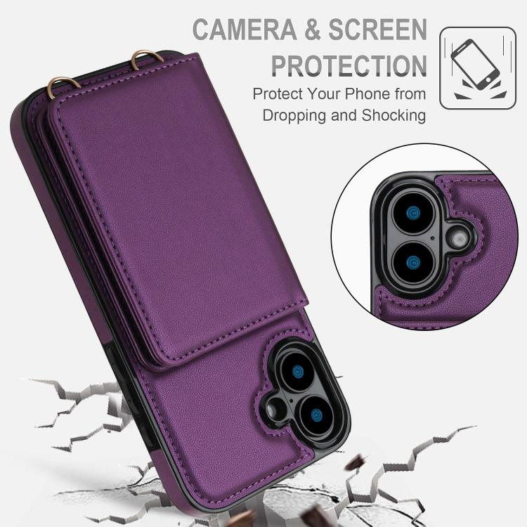 For iPhone 16 Crossbody Dual-buckle Wallet RFID Back Leather Phone Case