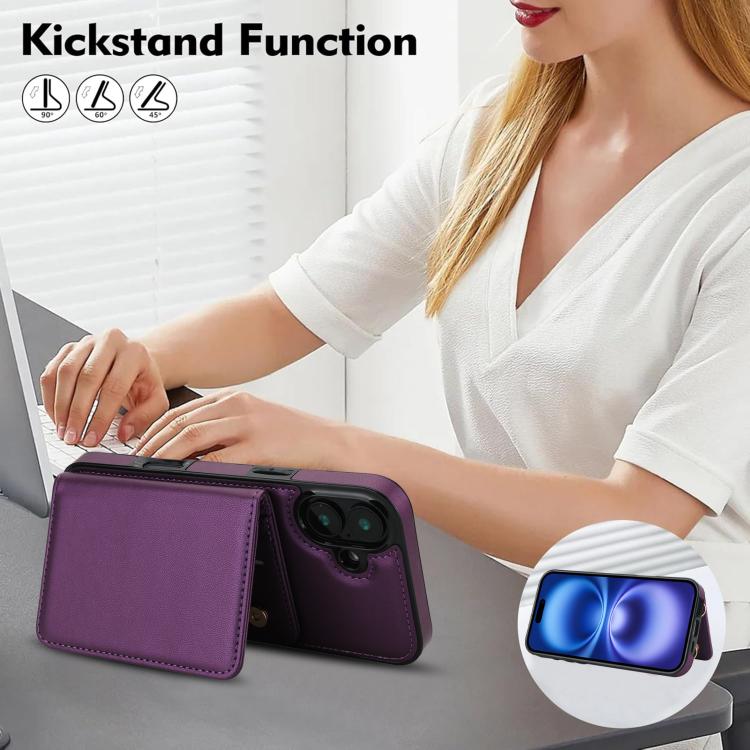 For iPhone 16 Crossbody Dual-buckle Wallet RFID Back Leather Phone Case