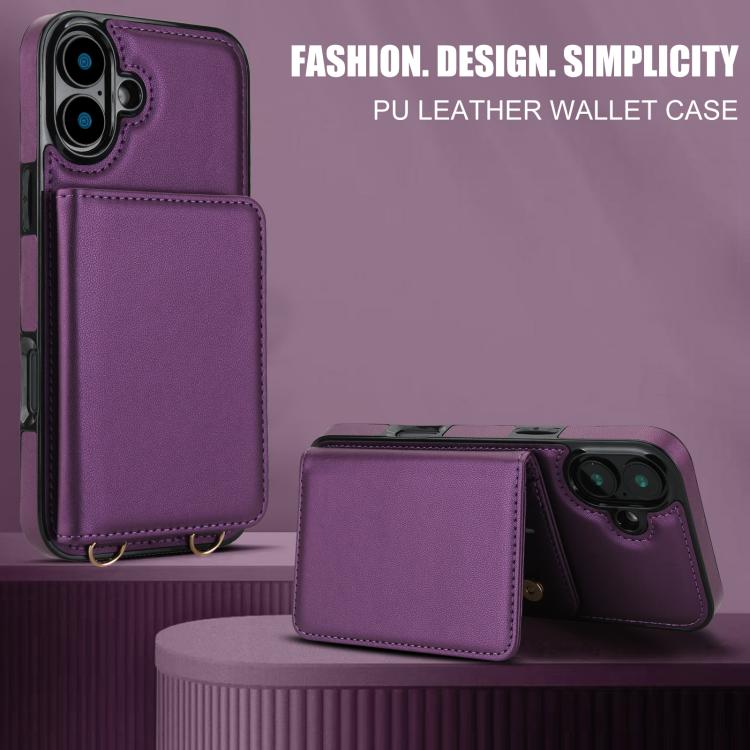 For iPhone 16 Crossbody Dual-buckle Wallet RFID Back Leather Phone Case