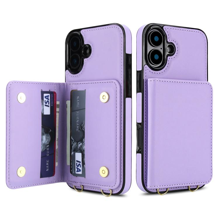 For iPhone 16 Crossbody Dual-buckle Wallet RFID Back Leather Phone Case