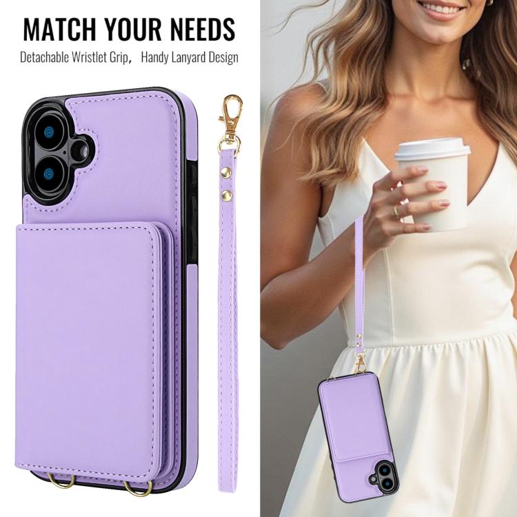 For iPhone 16 Crossbody Dual-buckle Wallet RFID Back Leather Phone Case