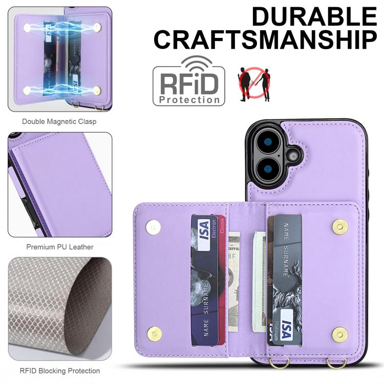 For iPhone 16 Crossbody Dual-buckle Wallet RFID Back Leather Phone Case