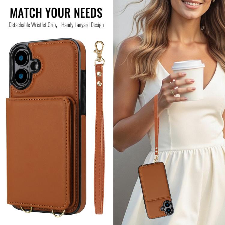 For iPhone 16 Crossbody Dual-buckle Wallet RFID Back Leather Phone Case