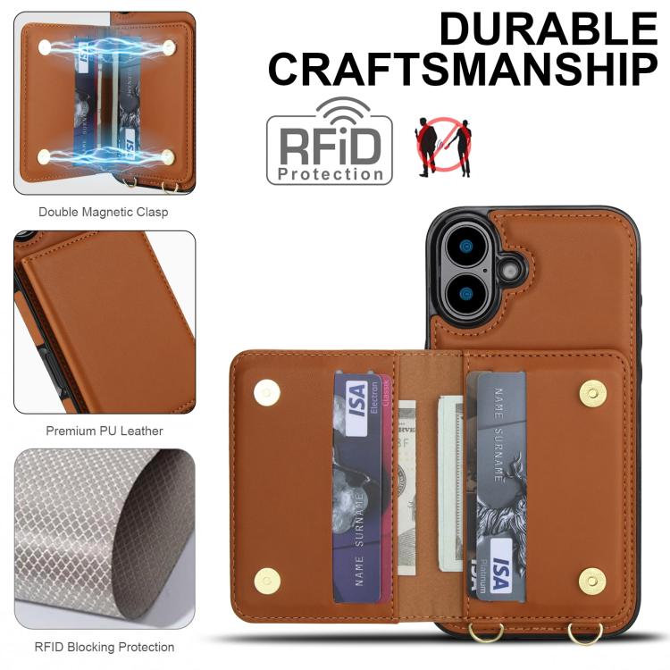 For iPhone 16 Crossbody Dual-buckle Wallet RFID Back Leather Phone Case