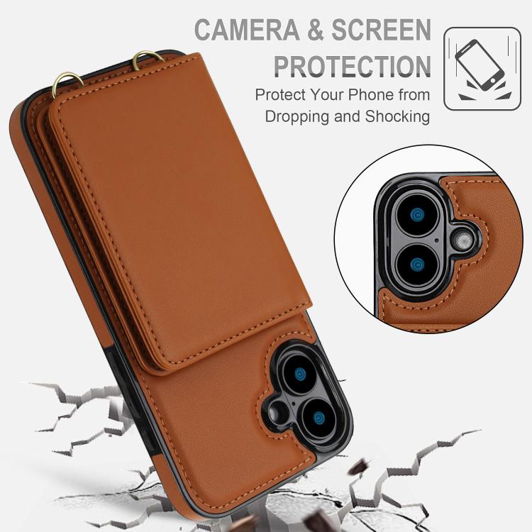 For iPhone 16 Crossbody Dual-buckle Wallet RFID Back Leather Phone Case