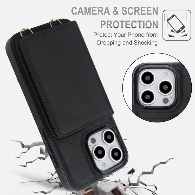 For iPhone 16 Pro Crossbody Dual-buckle Wallet RFID Back Leather Phone Case