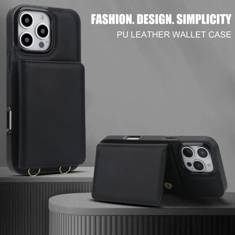 For iPhone 16 Pro Crossbody Dual-buckle Wallet RFID Back Leather Phone Case