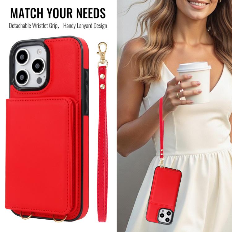 For iPhone 16 Pro Crossbody Dual-buckle Wallet RFID Back Leather Phone Case