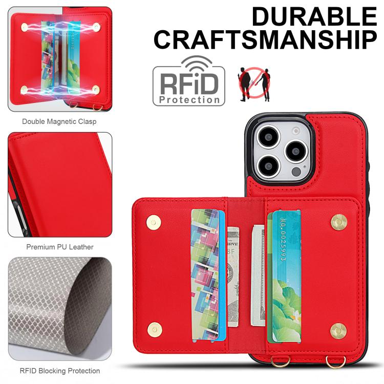 For iPhone 16 Pro Max Crossbody Dual-buckle Wallet RFID Back Leather Phone Case