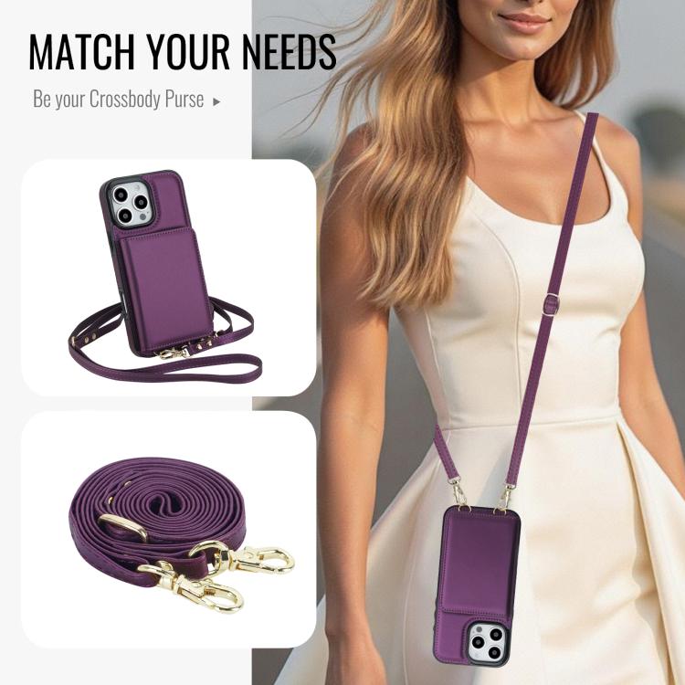 For iPhone 16 Pro Max Crossbody Dual-buckle Wallet RFID Back Leather Phone Case