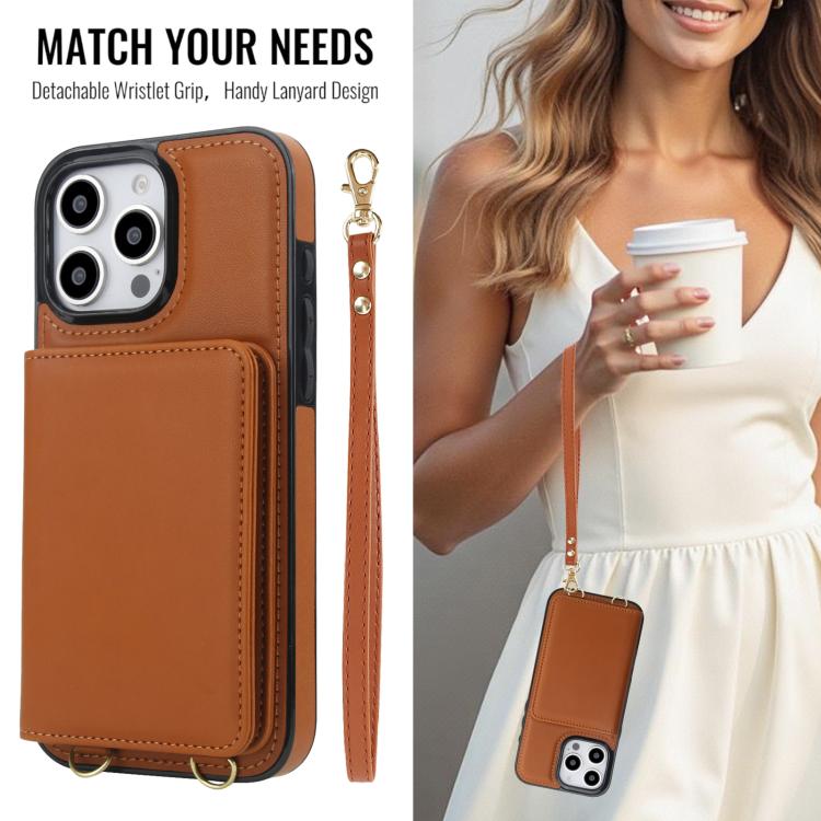 For iPhone 16 Pro Max Crossbody Dual-buckle Wallet RFID Back Leather Phone Case