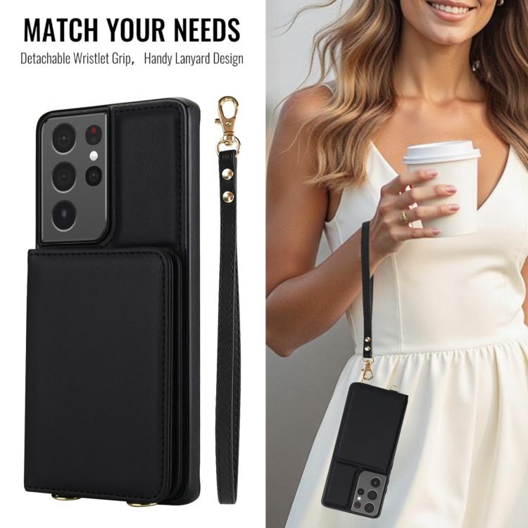 For Samsung Galaxy S21 Ultra 5G Crossbody Dual-buckle Wallet RFID Back Leather Phone Case