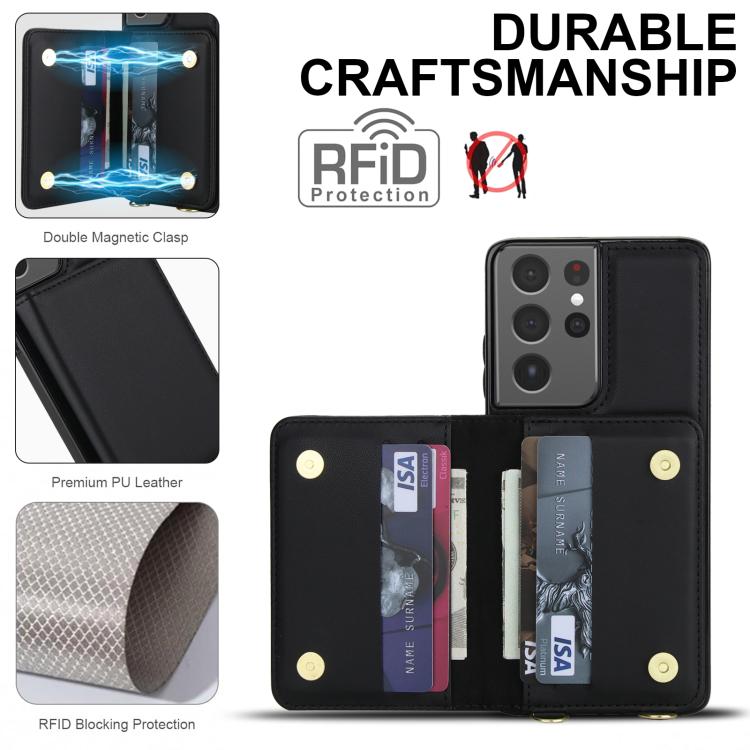 For Samsung Galaxy S21 Ultra 5G Crossbody Dual-buckle Wallet RFID Back Leather Phone Case