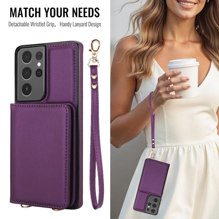 For Samsung Galaxy S21 Ultra 5G Crossbody Dual-buckle Wallet RFID Back Leather Phone Case