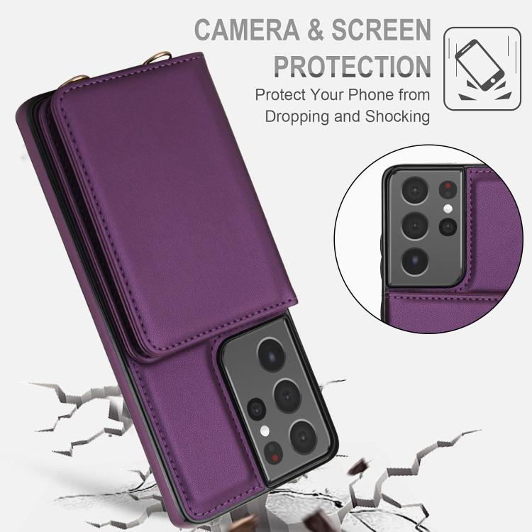 For Samsung Galaxy S21 Ultra 5G Crossbody Dual-buckle Wallet RFID Back Leather Phone Case