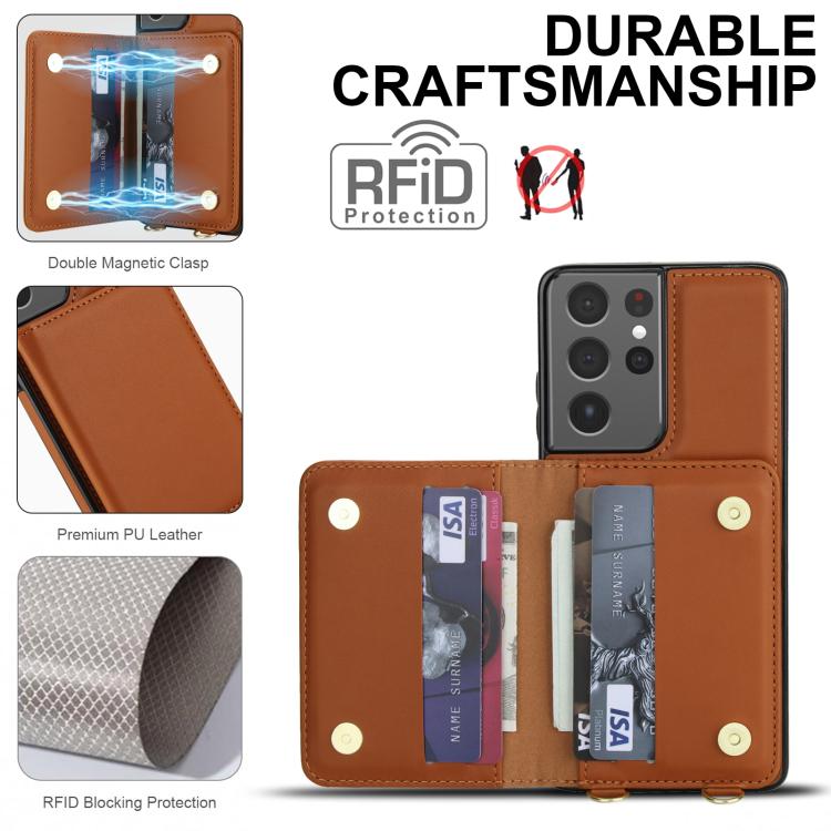 For Samsung Galaxy S21 Ultra 5G Crossbody Dual-buckle Wallet RFID Back Leather Phone Case