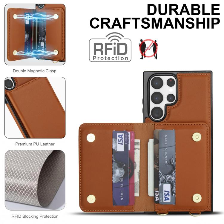 For Samsung Galaxy S22 Ultra 5G Crossbody Dual-buckle Wallet RFID Back Leather Phone Case