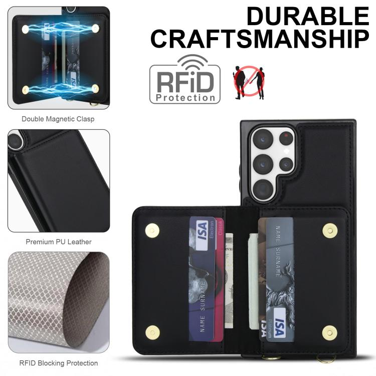 For Samsung Galaxy S23 Ultra 5G Crossbody Dual-buckle Wallet RFID Back Leather Phone Case