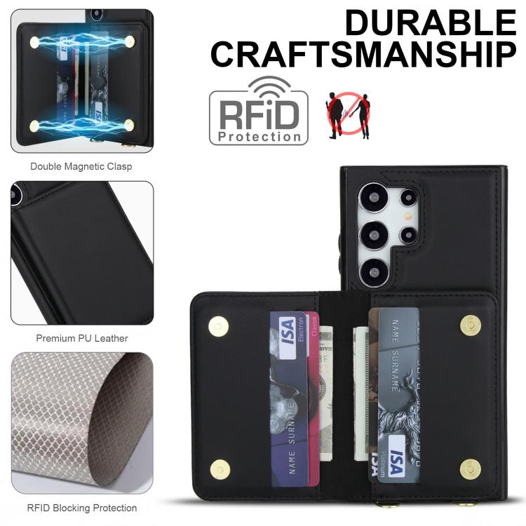 For Samsung Galaxy S25 Ultra 5G Crossbody Dual-buckle Wallet RFID Back Leather Phone Case